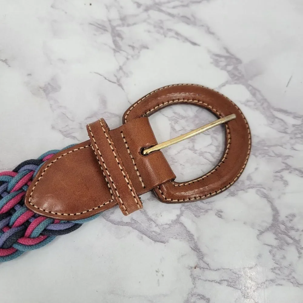 Vintage L.L. Bean Braided Cord Belt Pink Teal Navy Leather Buckle